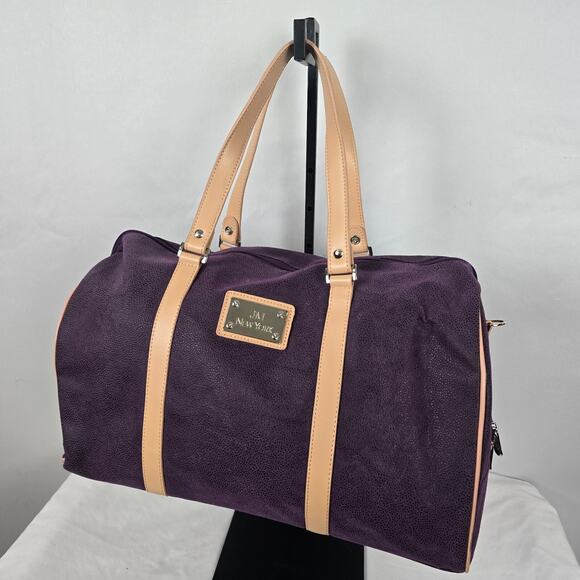 JM New York Duffle Bag Weekender Purple Tan Detachable Strap 18" x 10" x 8" - Picture 13 of 13